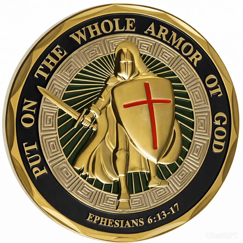 Put on the whole armor of God — Knight in gold armor with cross shield, Ephesians 6:13–17